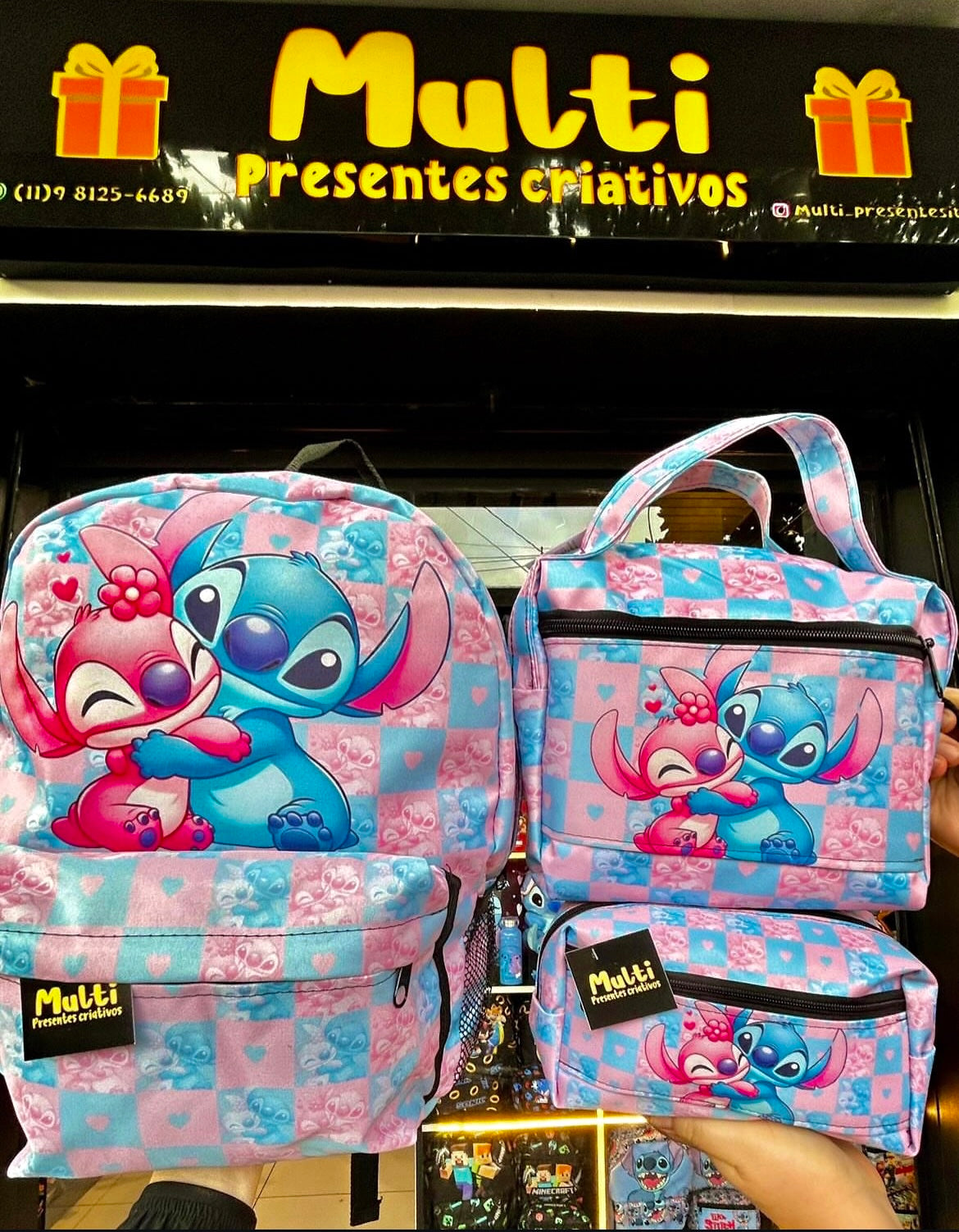 Kit mochila Stitch e Angel